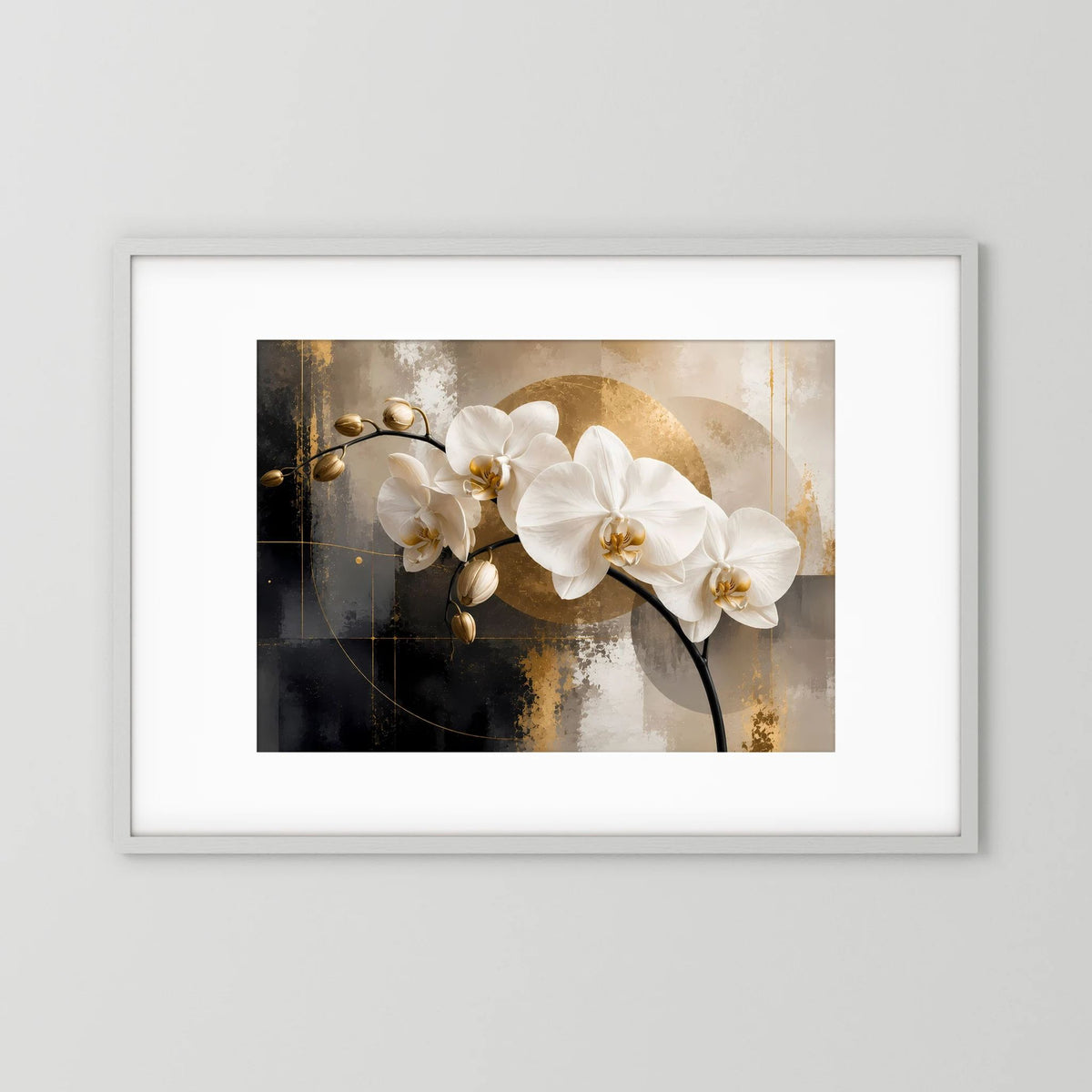 Querformatiges Orchideen-Poster im weißen Rahmen mit abstraktem Gold- und Schwarzmotiv