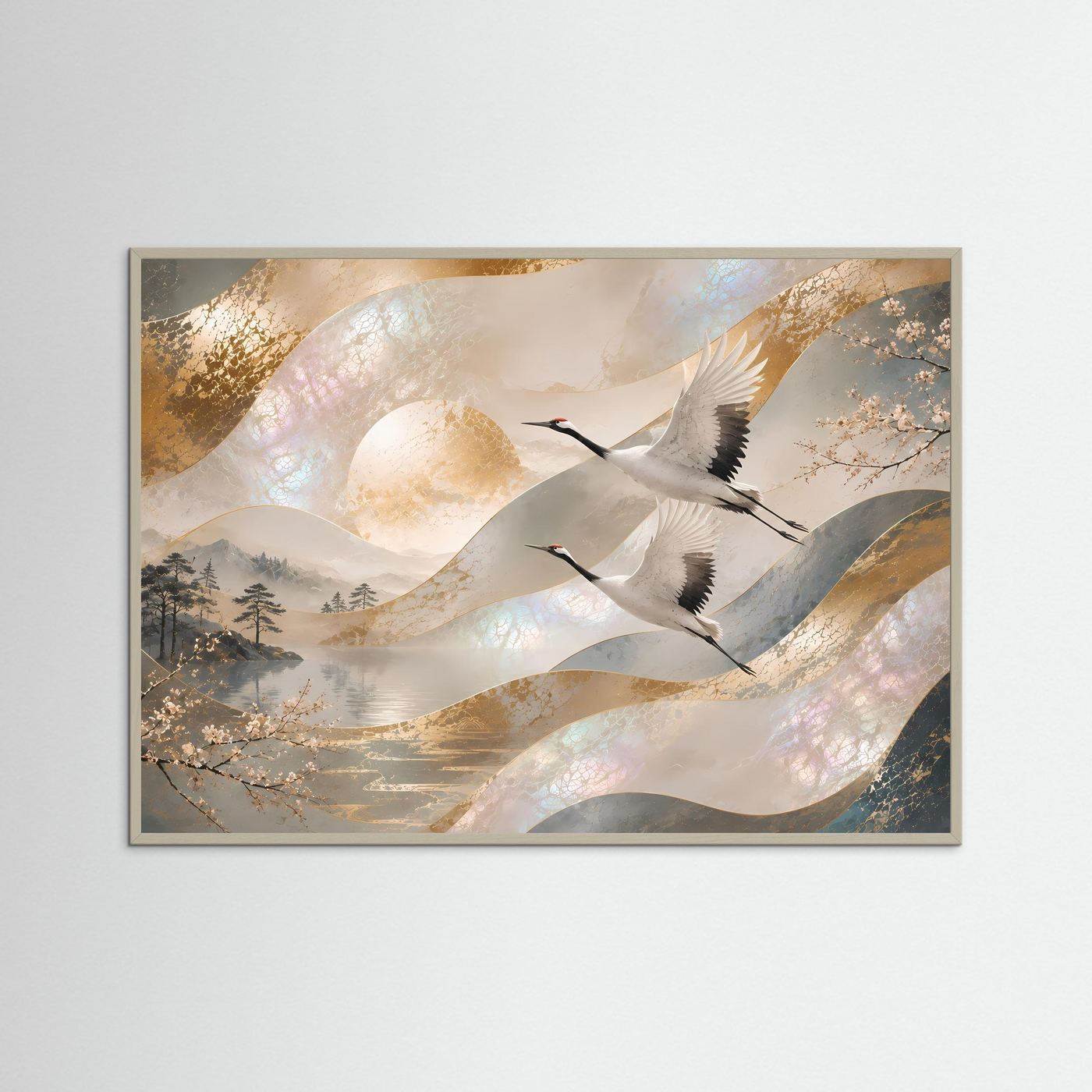 Japanische Kraniche im Flug | Elegante Perlmutt-Kunst in Gold & Creme