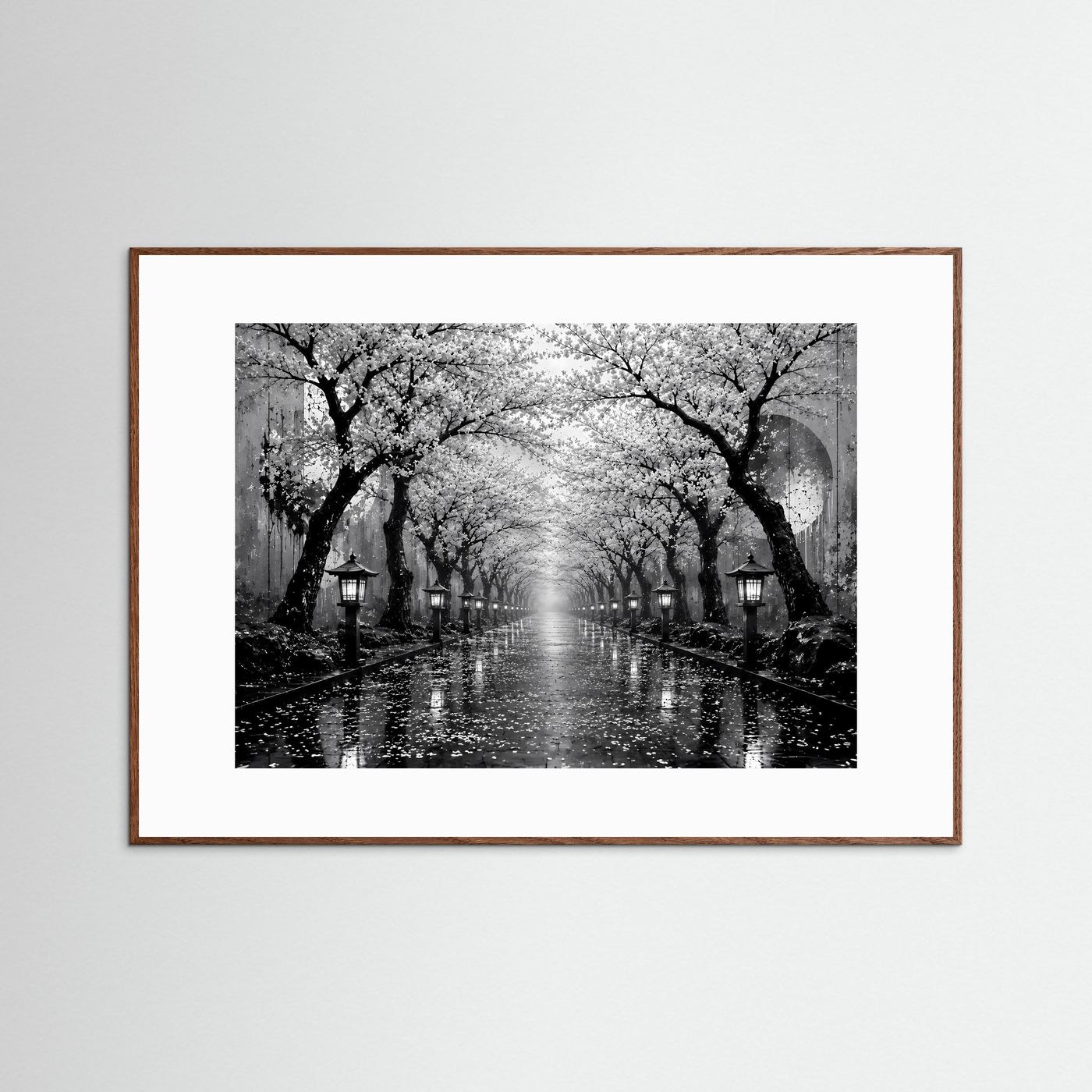 Kirschblütenallee Schwarz-Weiß | Japanisches Wandbild mit Laternen im Regen