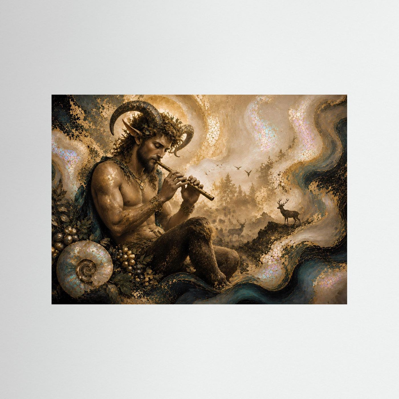 Pan mit Flöte im mystischen Wald | Griechische Mythologie Kunst in Gold & Perlmutt