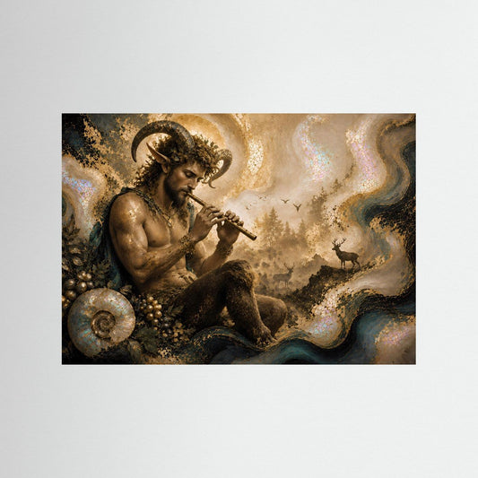 Mythologische Figur mit Flöte, goldfarbenes Kunstbild mit schwarzem Rahmen