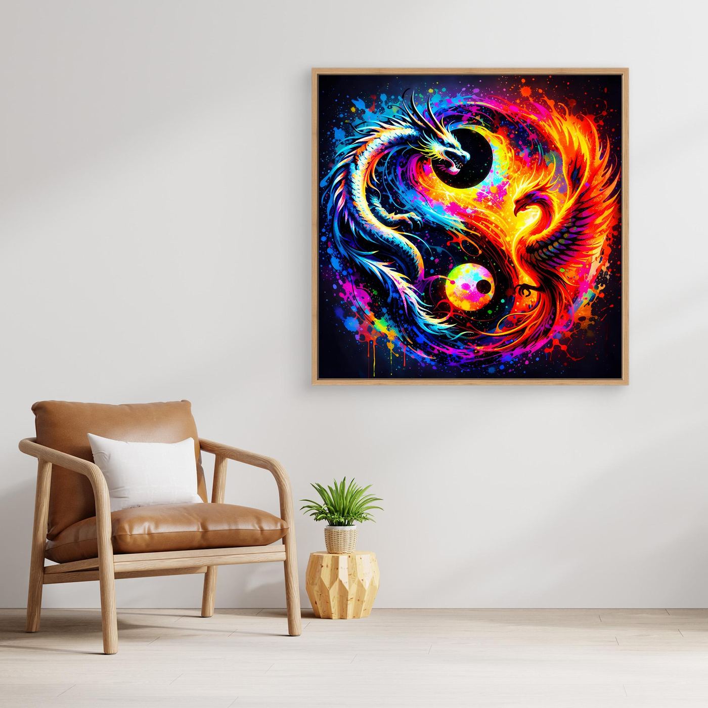 Leinwandbild mit Yin-Yang-Drachen und Phönix, bunt, goldbrauner Rahmen