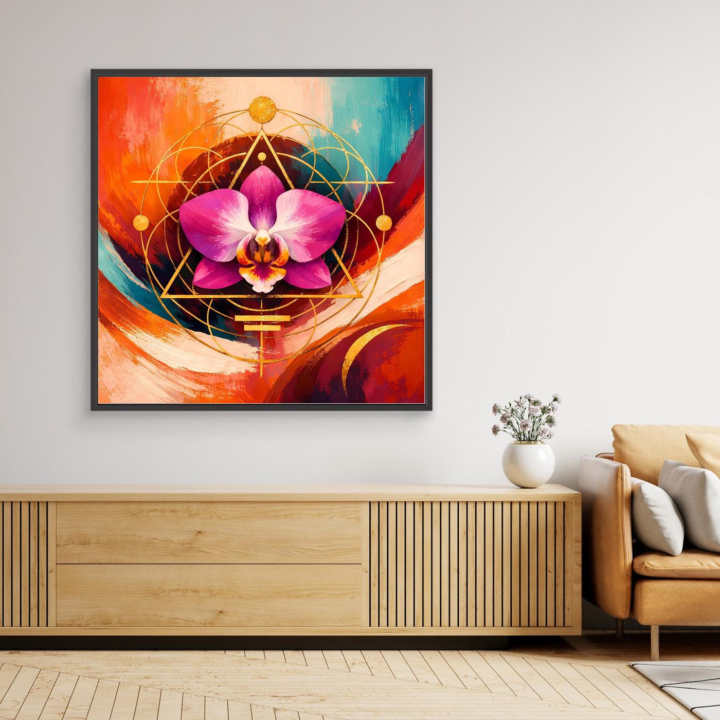 Modernes Leinwand-Wandbild: lila Orchidee mit goldener heiliger Geometrie