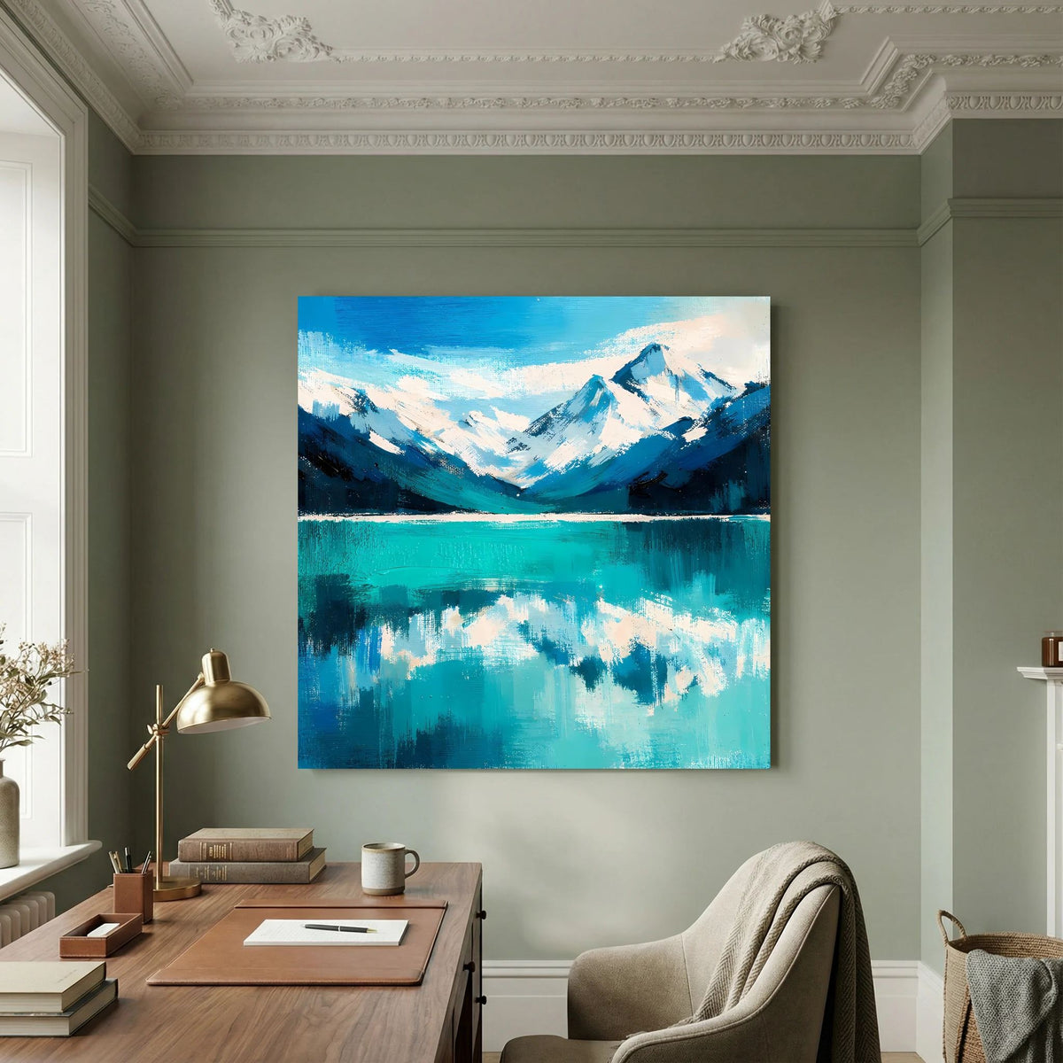 Leinwand Abstraktes Bergsee Gemälde | Modernes Alpines Wandbild Türkis Blau