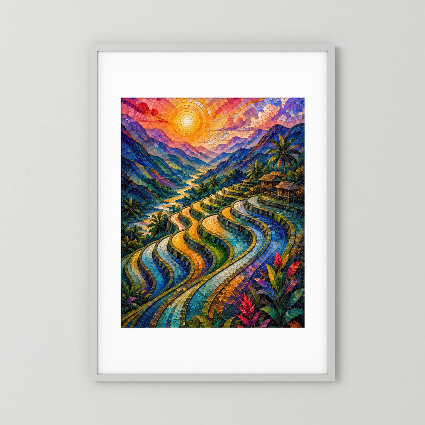 Reisterrassen im Sonnenuntergang | Farbenfrohe Mosaik Landschaft | Poster Hochformat