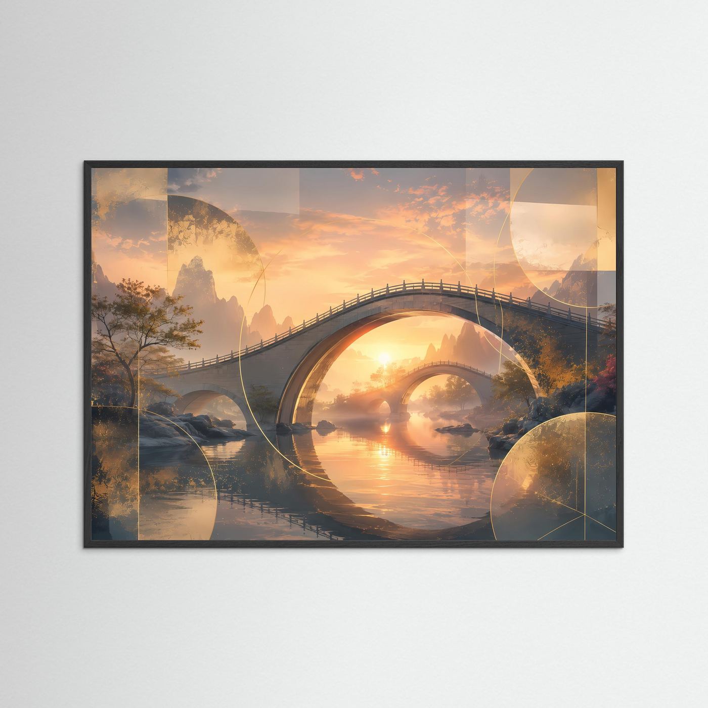 Querformat-Poster mit Bogenbrücke über ruhigem Wasser, im Sonnenuntergang, schwarzer Rahmen