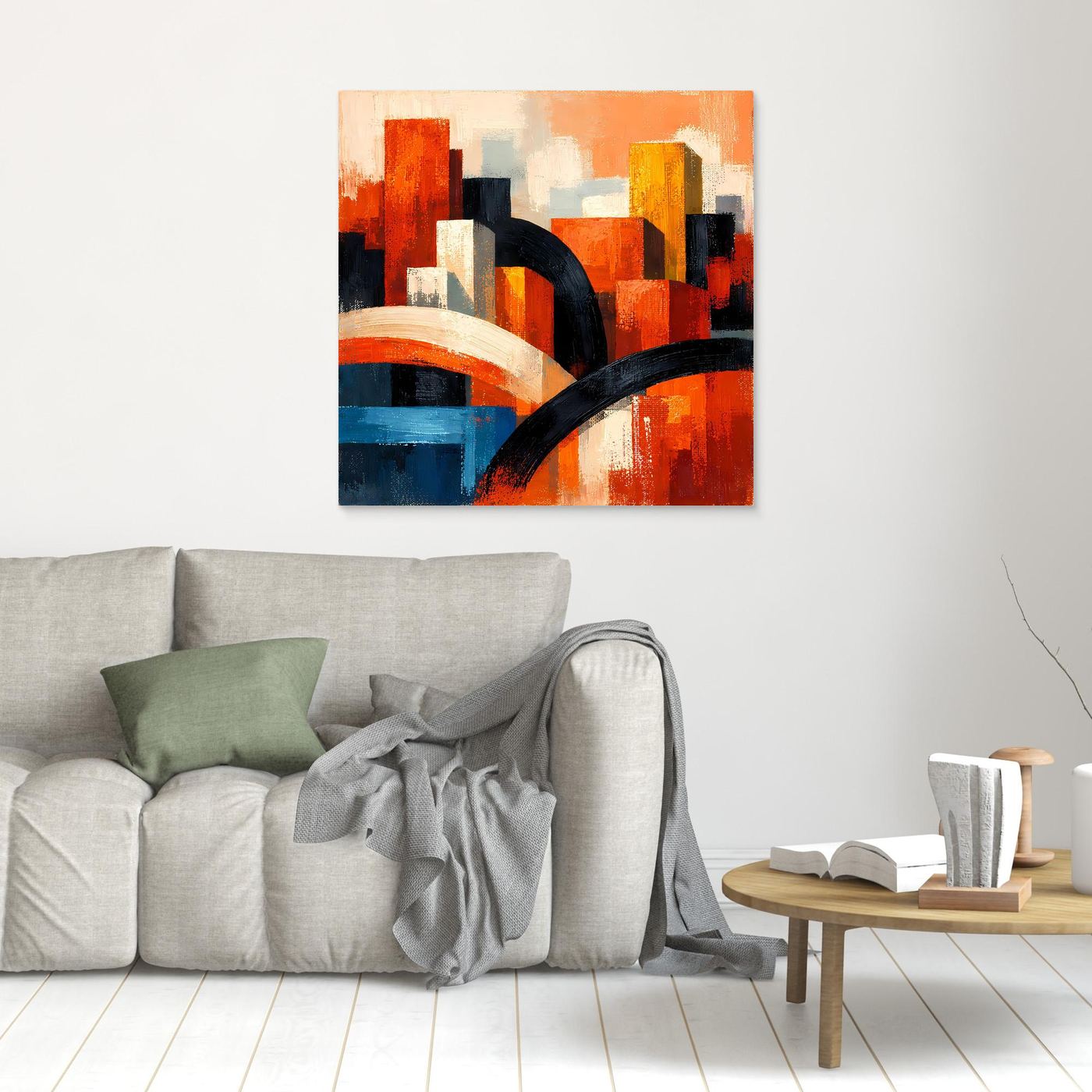 Abstraktes Skyline-Leinwandbild: orange, rot und blau, mit schwarzer Bogenlinie.