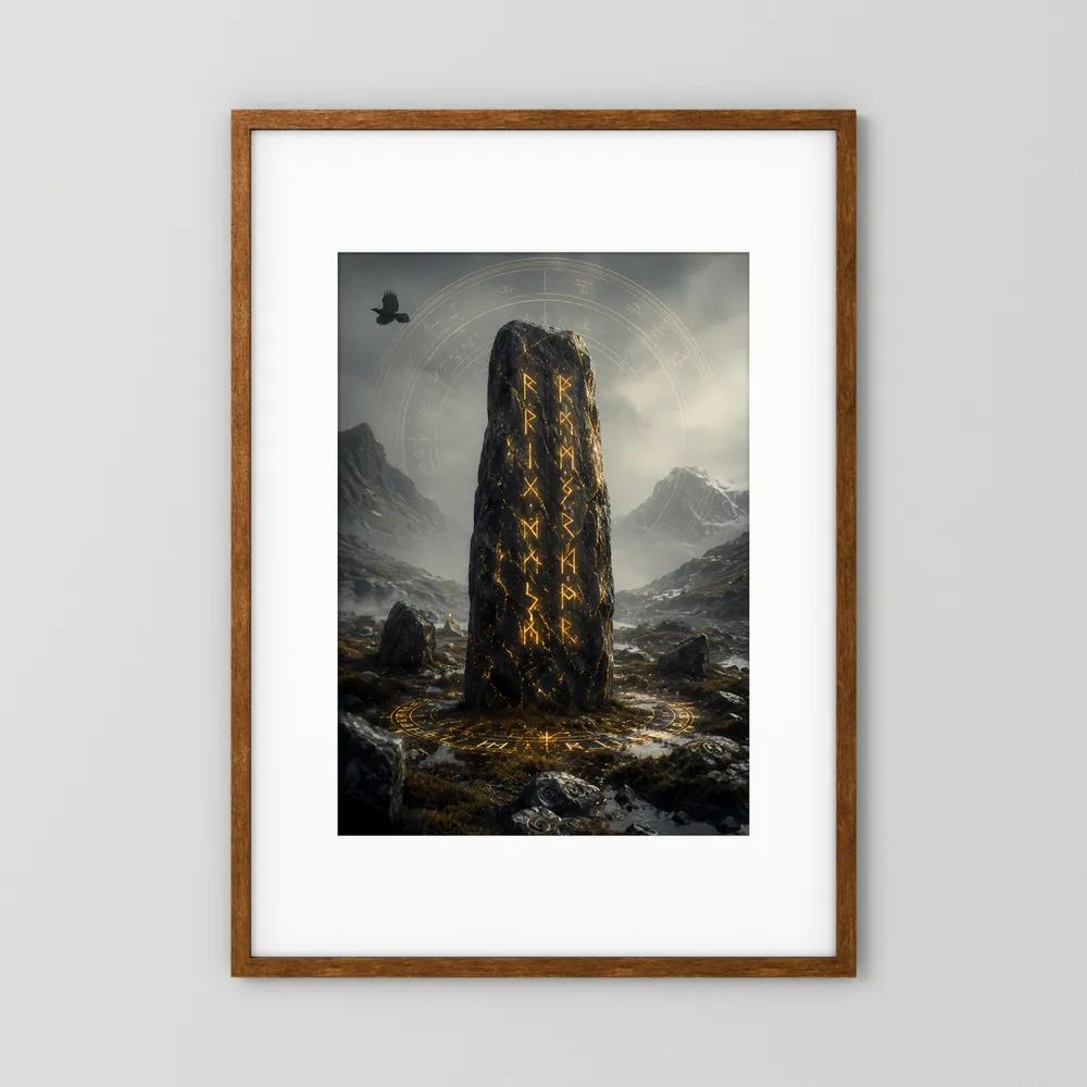 Gerahmtes Hochformat-Poster: leuchtender Runenstein in Berglandschaft
