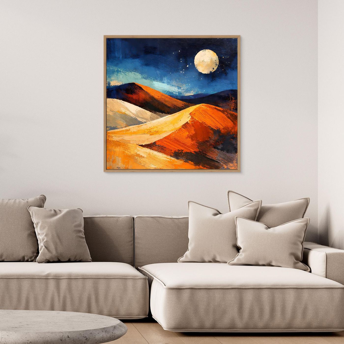 Square wall art with vivid orange and beige dunes under a starry blue night sky
