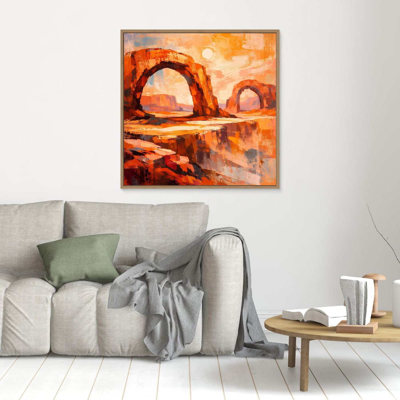Kleines Wandbild mit abstraktem Wüstenbogen in Orange-Rot, mit braunem Rahmen