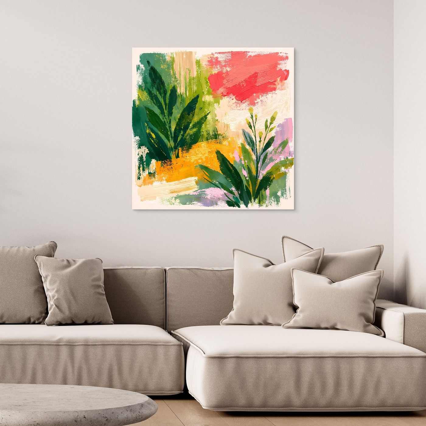 Abstract botanical wall art canvas with multicolor leaves and red brush strokes, white frame
