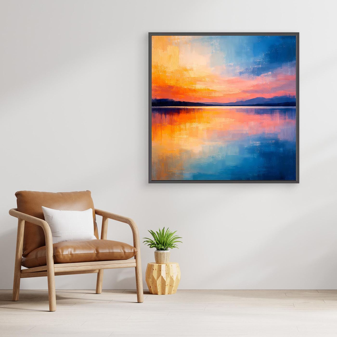 Abstraktes Leinwand-Wandbild: Reflexion auf dem See beim Sonnenuntergang, Blau und Orange