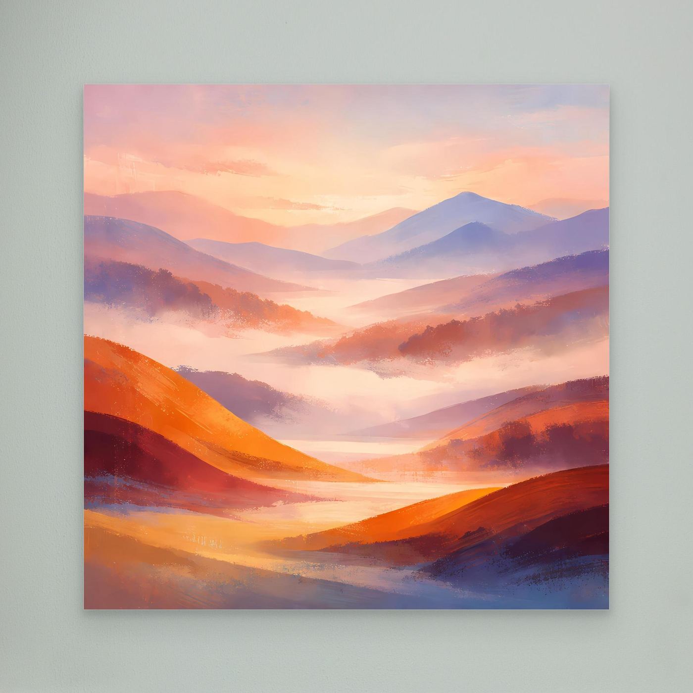 Leinwandbild Berglandschaft in Pastell, orangefarbene Wellen und lila Nebel (ohne Rahmen)