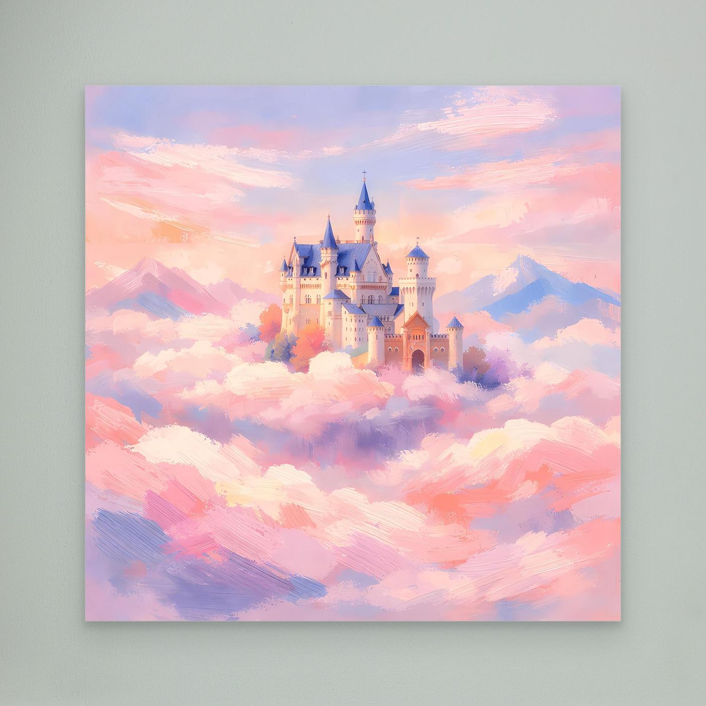 Leinwand Schloss Neuschwanstein über Wolken | Märchenhafte Pastelltöne Wandbild