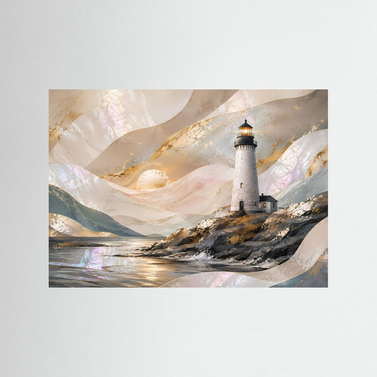 Poster im Querformat mit abstrakter Küstenlandschaft und Leuchtturm in Perlmutt-Goldtönen