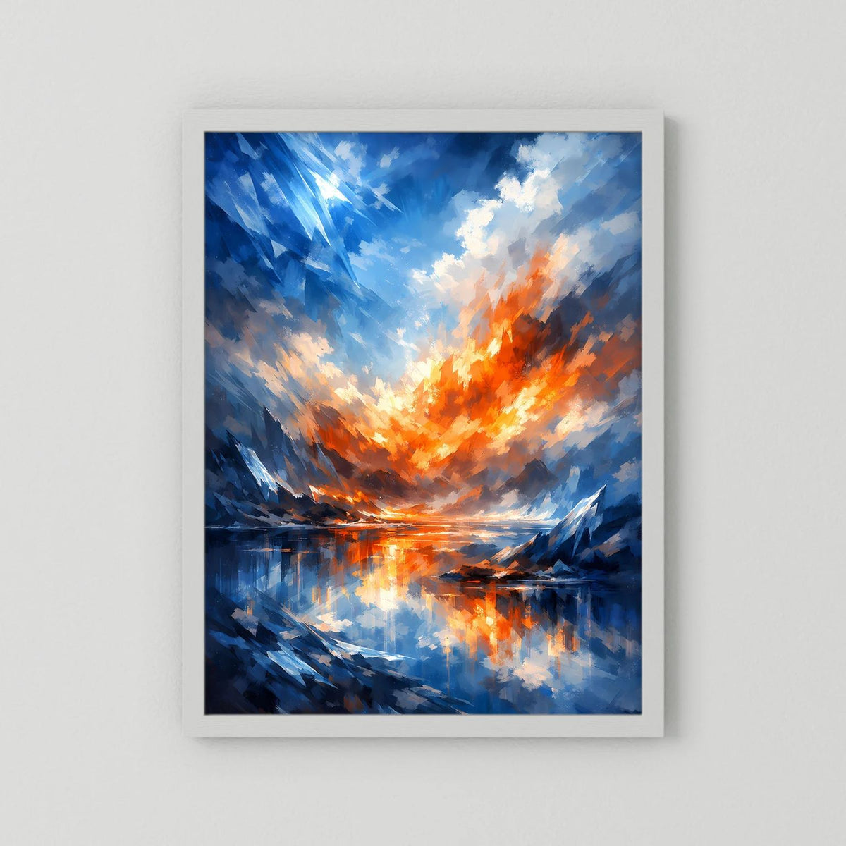 Hochformat-Poster mit abstrakter Landschaft in Blau und Orange, mit hellem Rahmen.