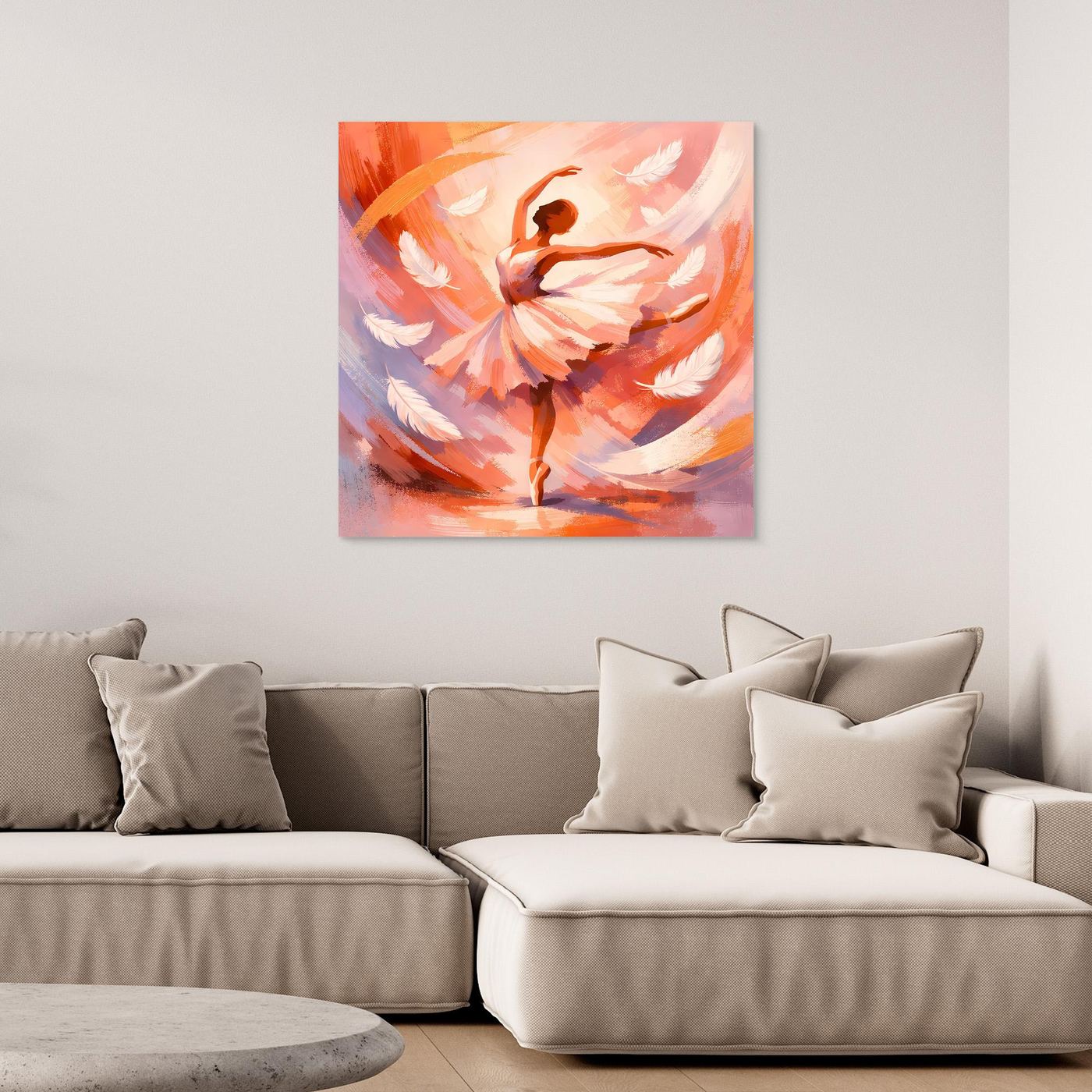 Abstraktes Leinwandbild mit Ballerina in warmen Orange- und Rosatönen, ohne Rahmen