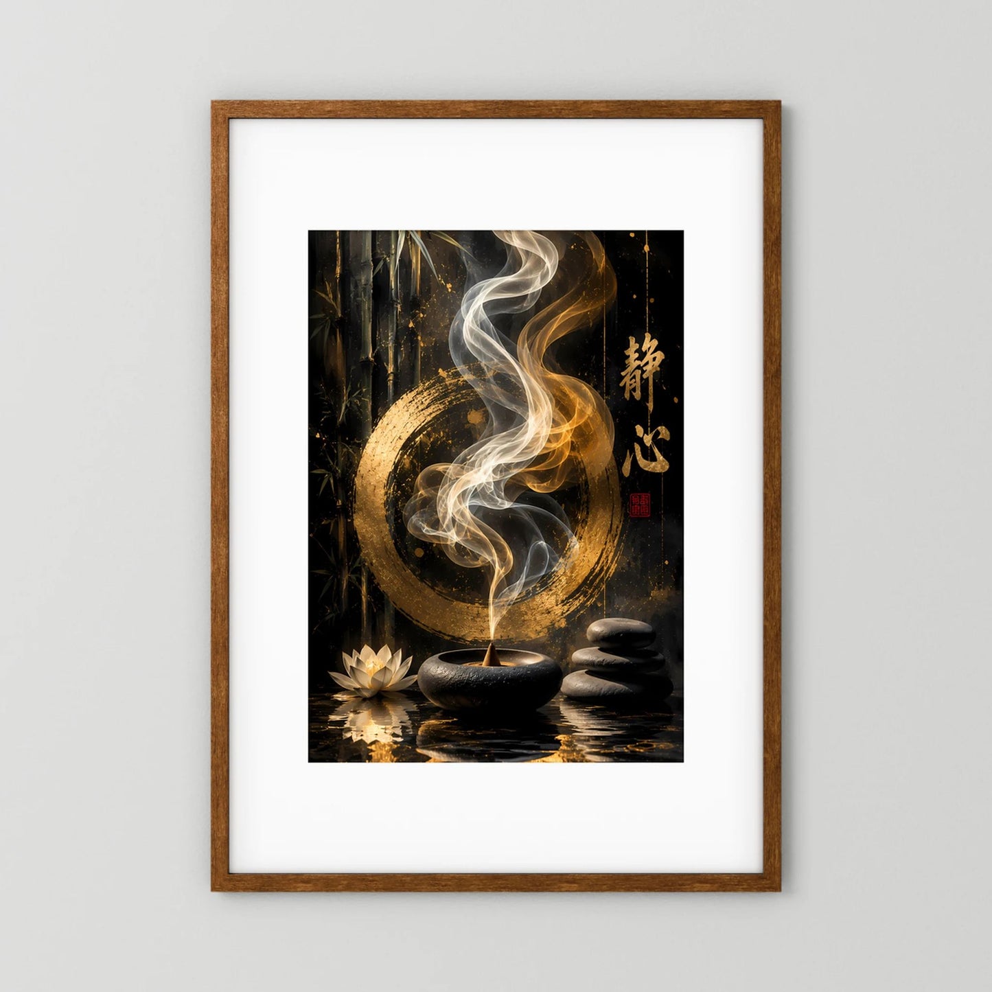 Hochformat-Poster in Holzrahmen mit gold-schwarzem Meditationsmotiv und Räucherstäbchenrauch