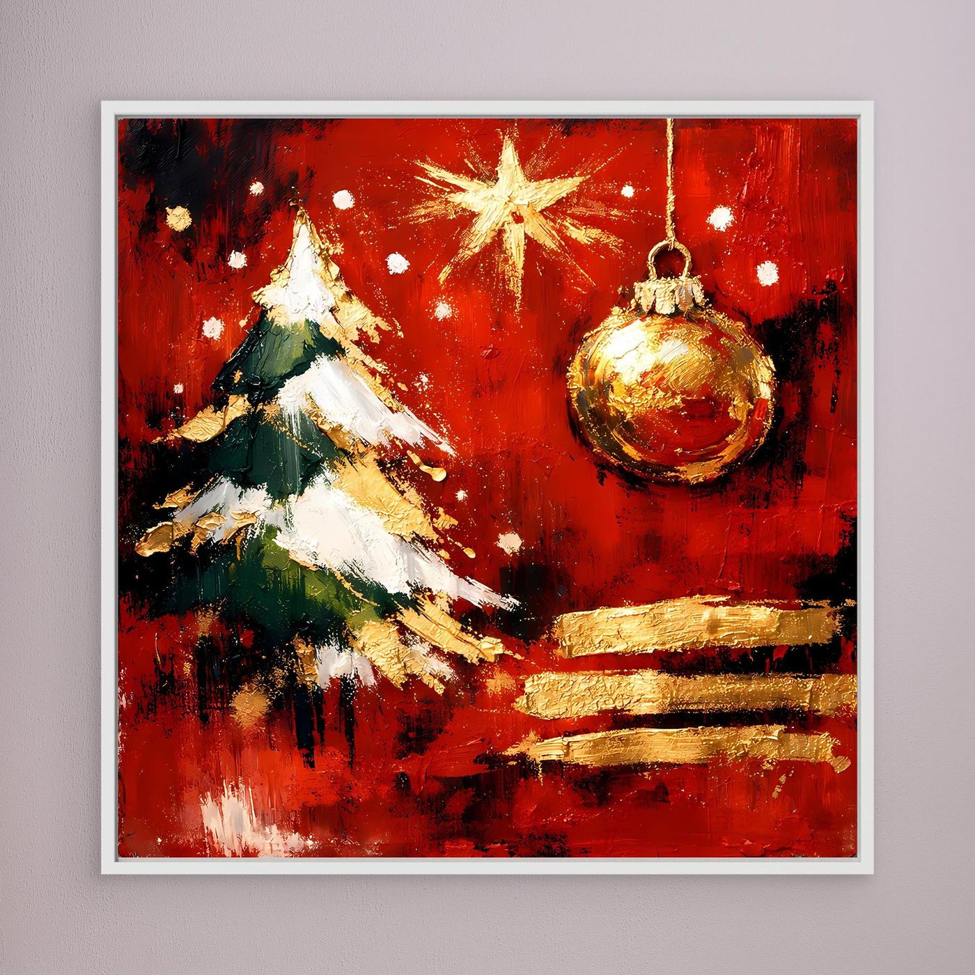 Gerahmtes Leinwand-Wandbild: Weihnachtsbaum, Stern und Kugel in Rot/Gold, weißer Rahmen.