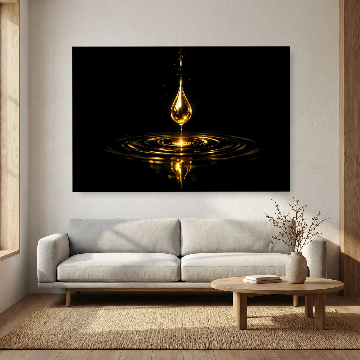 Wandbild im Querformat mit leuchtend goldenem Wassertropfen und Spiegelung auf Schwarz