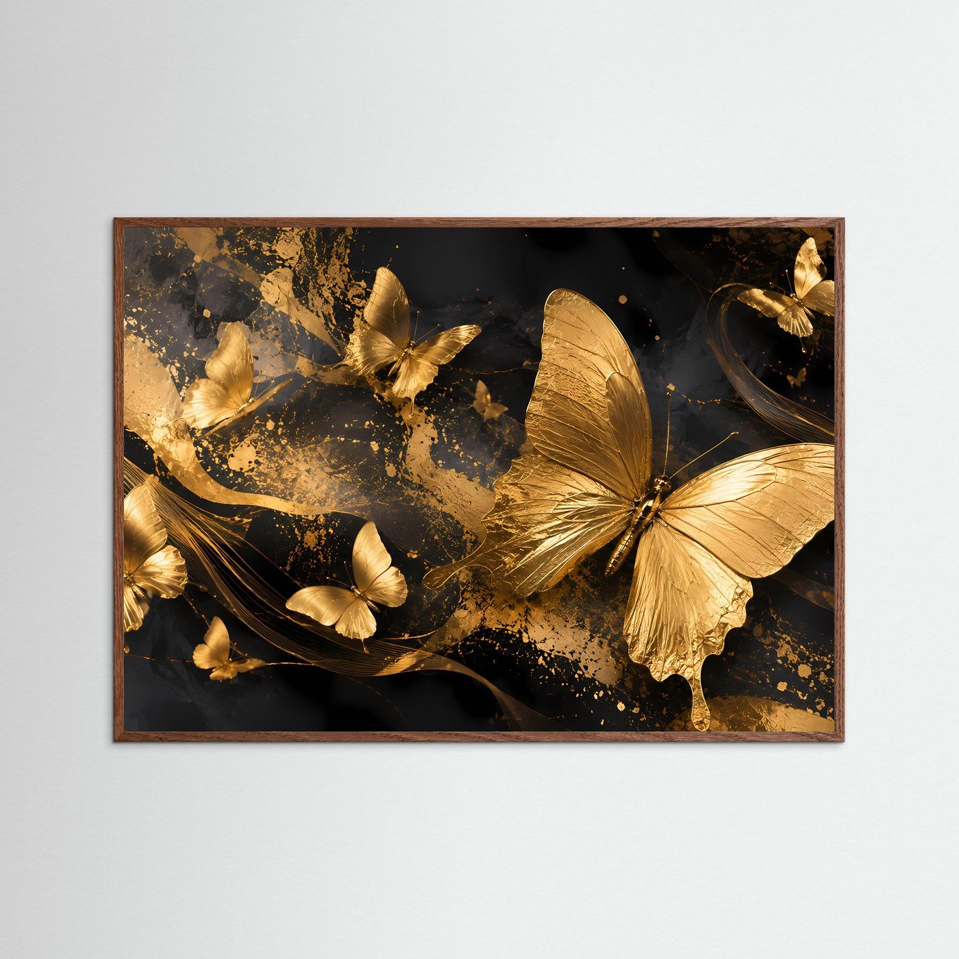 Schmetterlingsposter mit braunem Holzrahmen, goldene Schmetterlinge auf dunklem Motiv