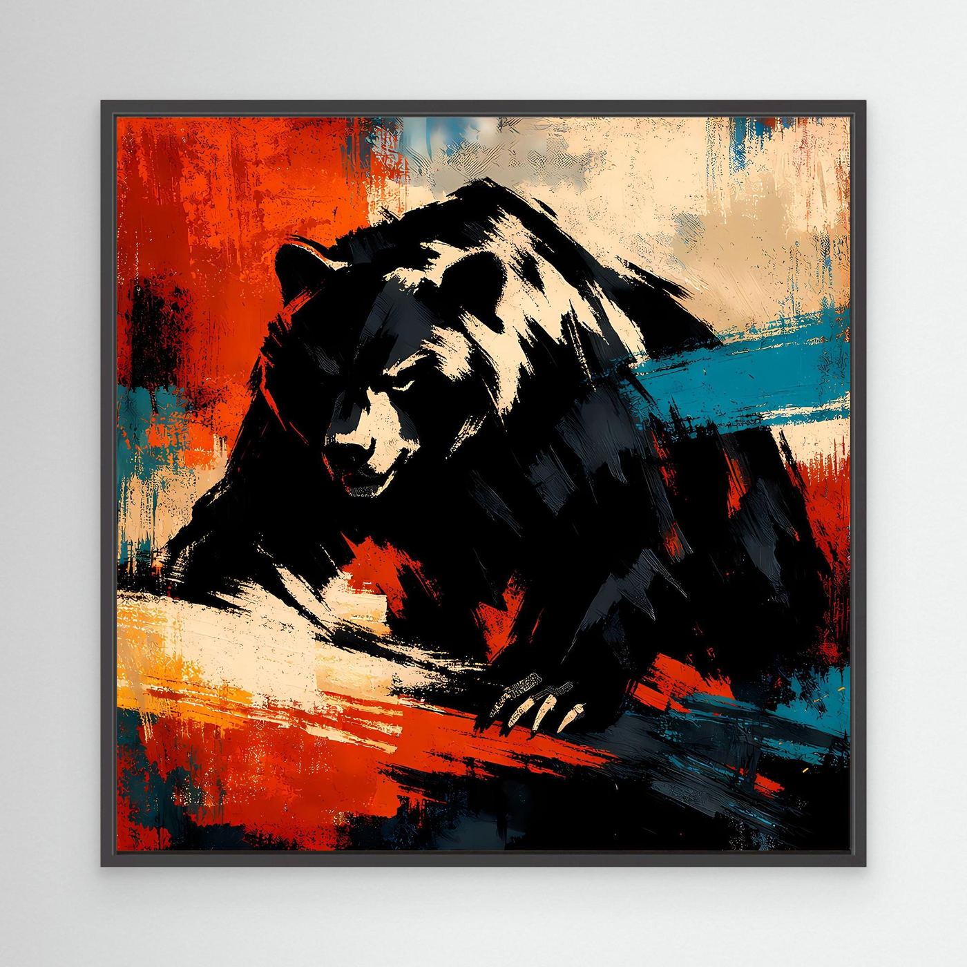Leinwand-Wandbild mit Grizzlybär im schwarzen Rahmen, kontrastreich in Rot und Blau