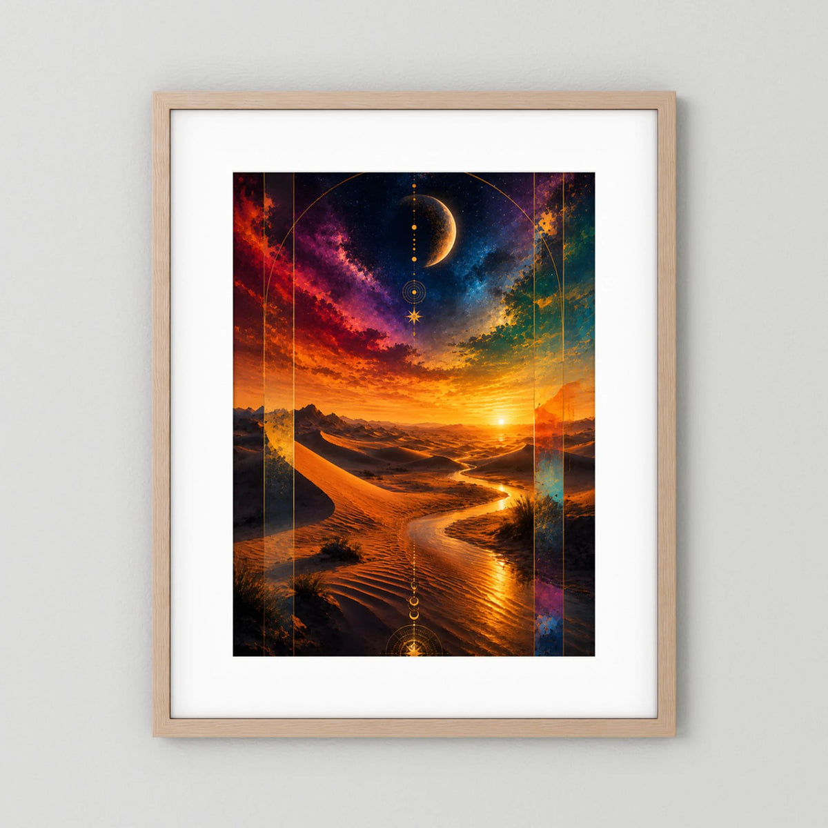 Poster Hochformat mit hellem Holzrahmen und weißem Rand: kosmische Wüste, Mond, Orangehimmel.