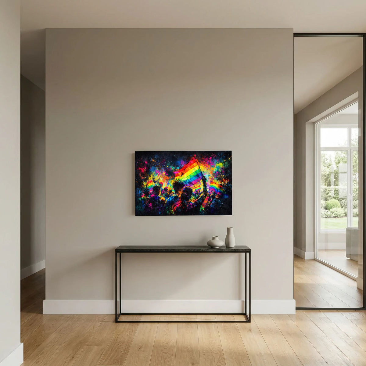 Wandbild im Querformat mit Regenbogenflagge, Menschen-Silhouetten und kräftigem Farbverlauf