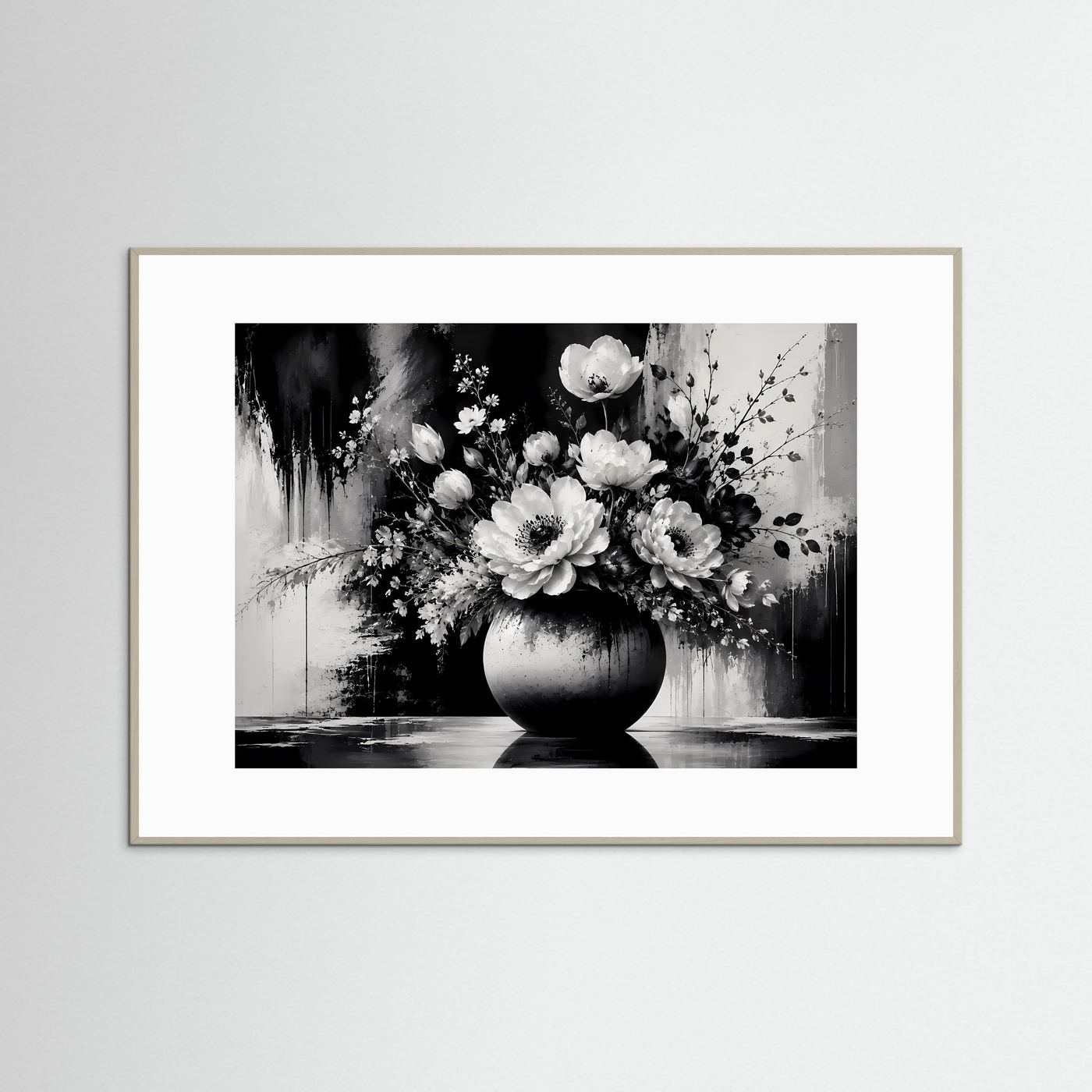 Schwarz Weiß Blumen Poster | Eleganter Blumenstrauß in Vase | Moderne Florale Wandkunst | Monochromes Wandbild