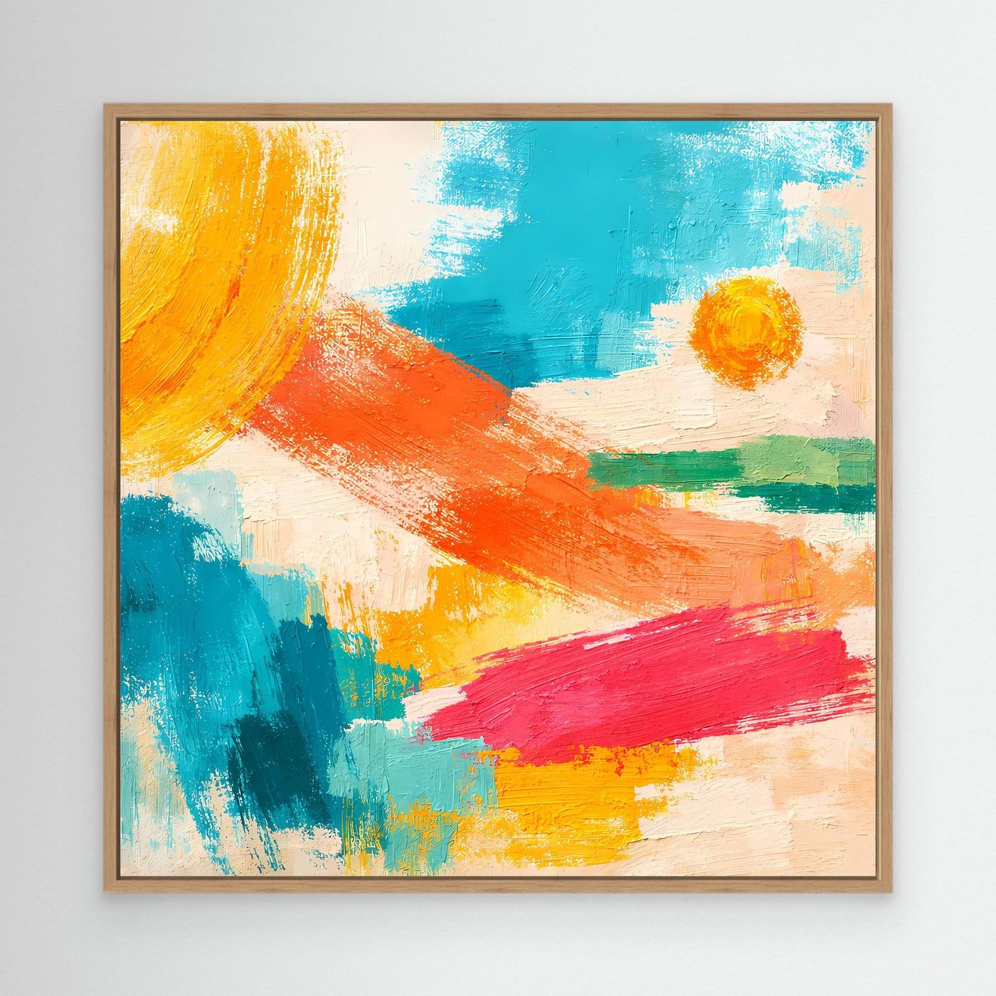 Abstract canvas wall art with orange, teal, blue, yellow, and red brushstrokes; oak frame.