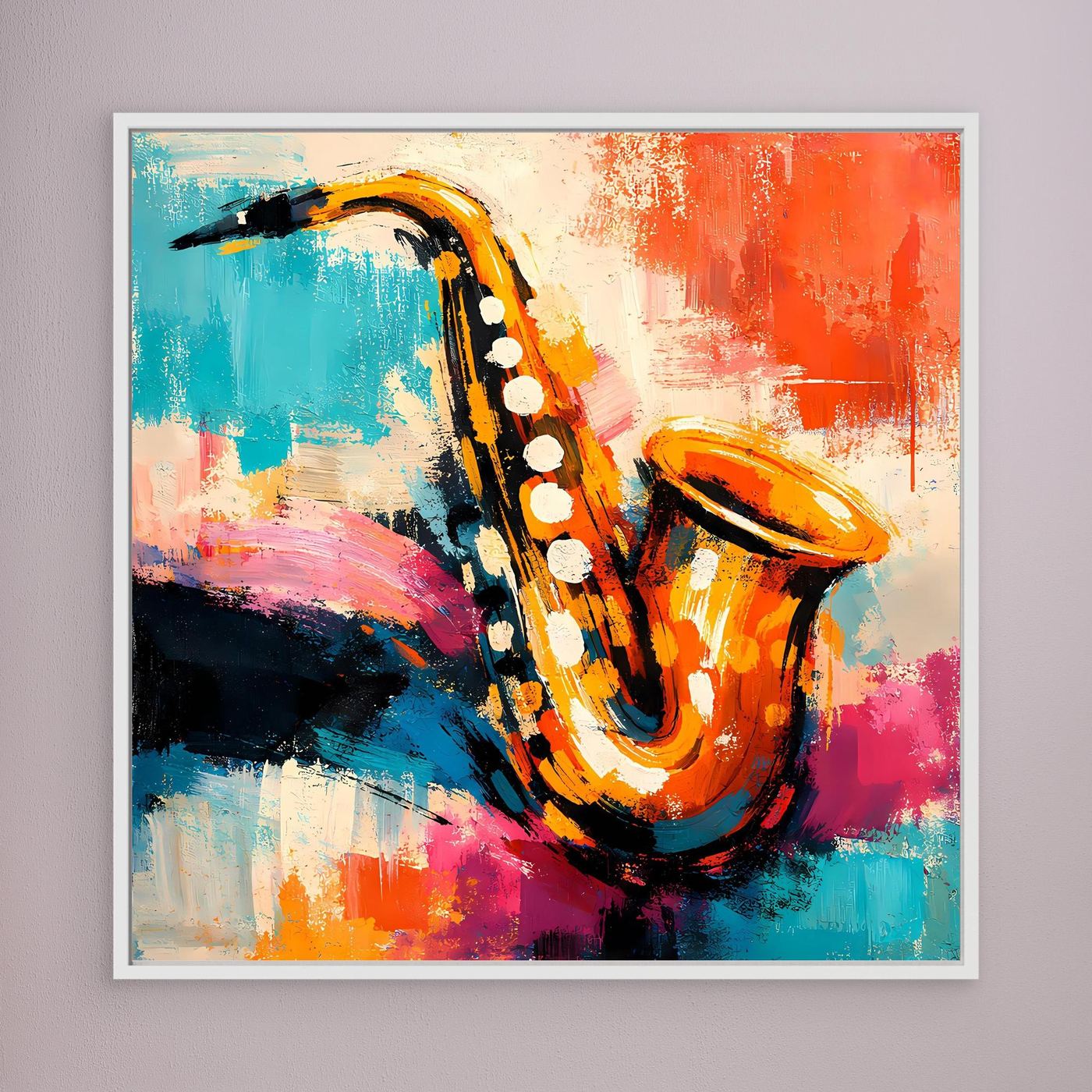Framed abstract saxophone wall art with colorful paint strokes in blue, red, and orange.