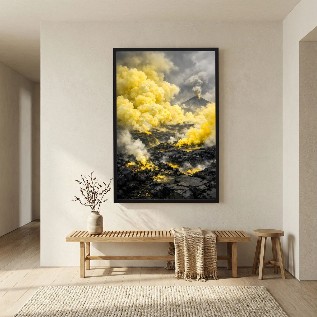 Die Kraft der Natur | Abstraktes Vulkan Poster in Gelb & Schwarz | Modernes Landschaftskunstposter Hochformat