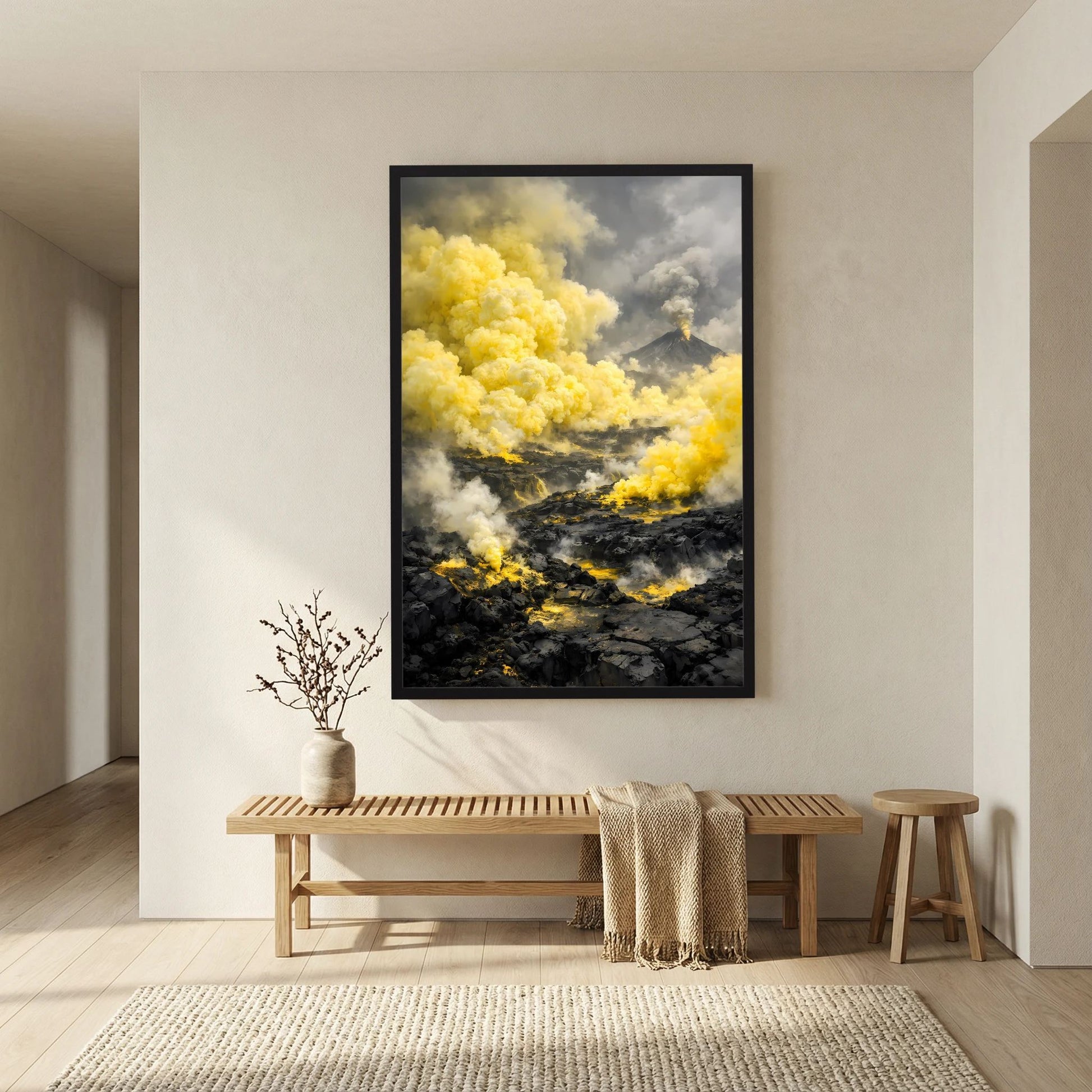 Die Kraft der Natur | Abstraktes Vulkan Poster in Gelb & Schwarz | Modernes Landschaftskunstposter Hochformat