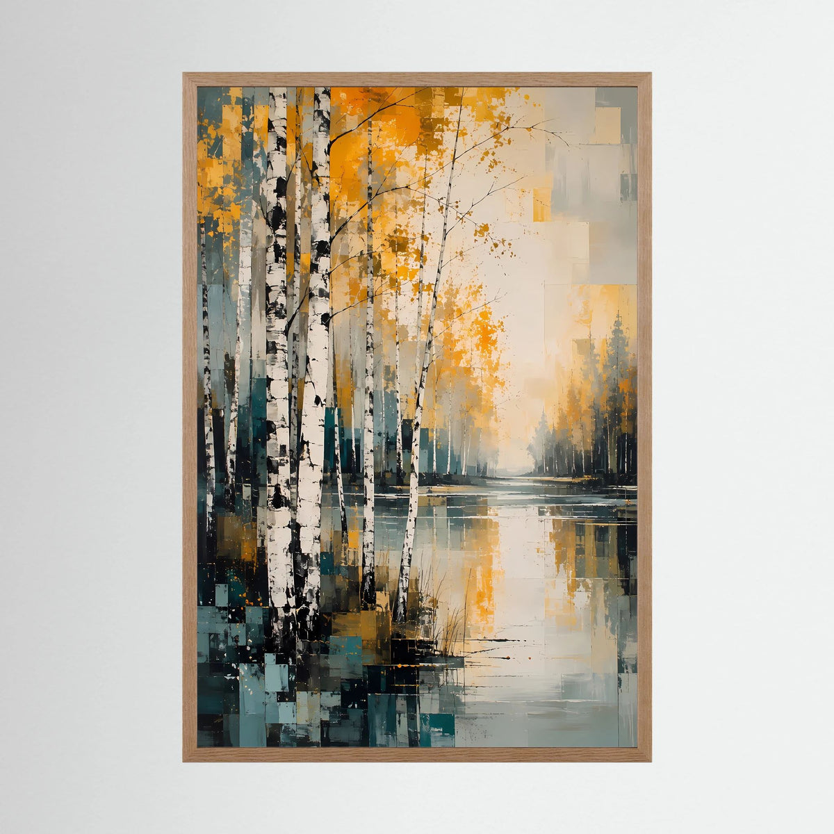 Abstraktes Herbstlandschaft-Poster Gold und Petrol, Holzrahmen in Hellton