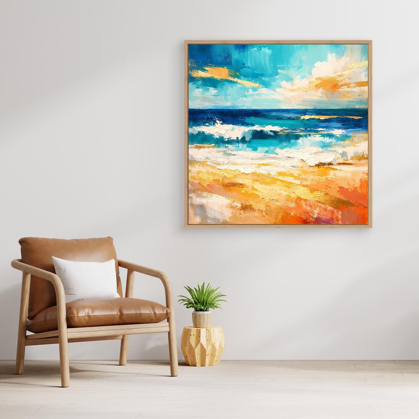 Quadratisches Leinwandbild mit abstraktem Meer- und Strandmotiv, Türkis/Blau/Orange, goldener Rahmen
