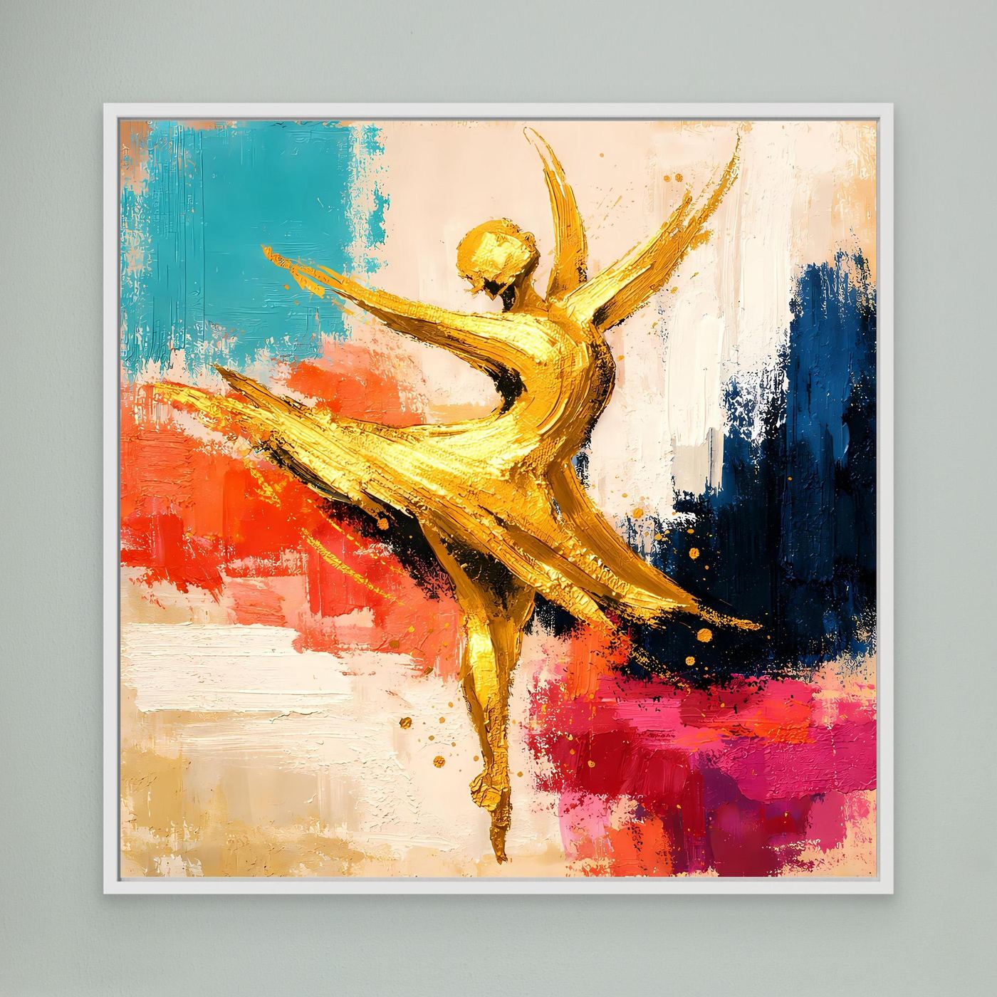 Abstraktes Leinwand-Wandbild mit goldener Ballerina im weißem Rahmen, Blau-Rot-Pinselstriche