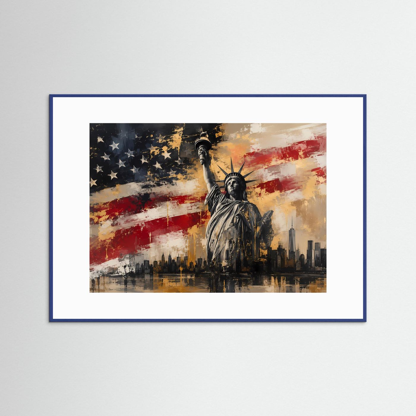 Freiheitsstatue & New York Skyline | Abstraktes USA Poster mit Flagge | Modernes Wandbild Querformat