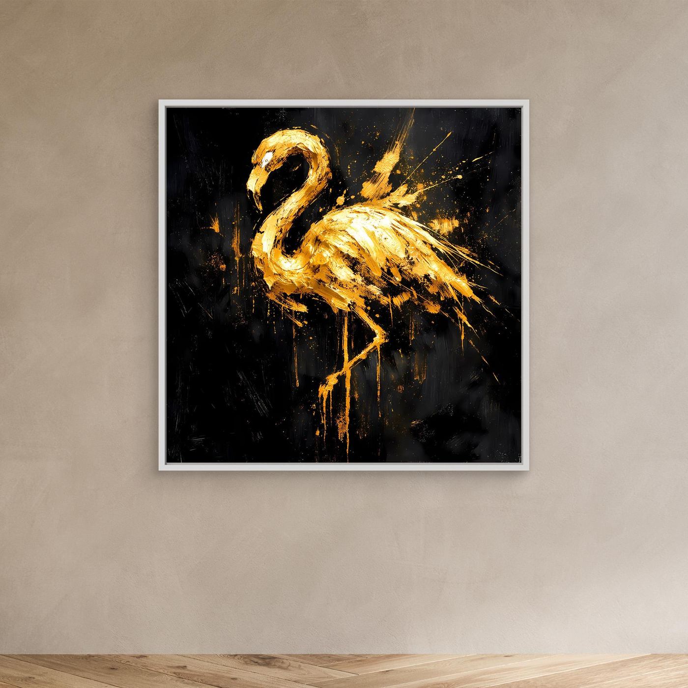Leinwand Goldener Flamingo auf Schwarz | Abstraktes Modernes Tier Wandbild Kunst