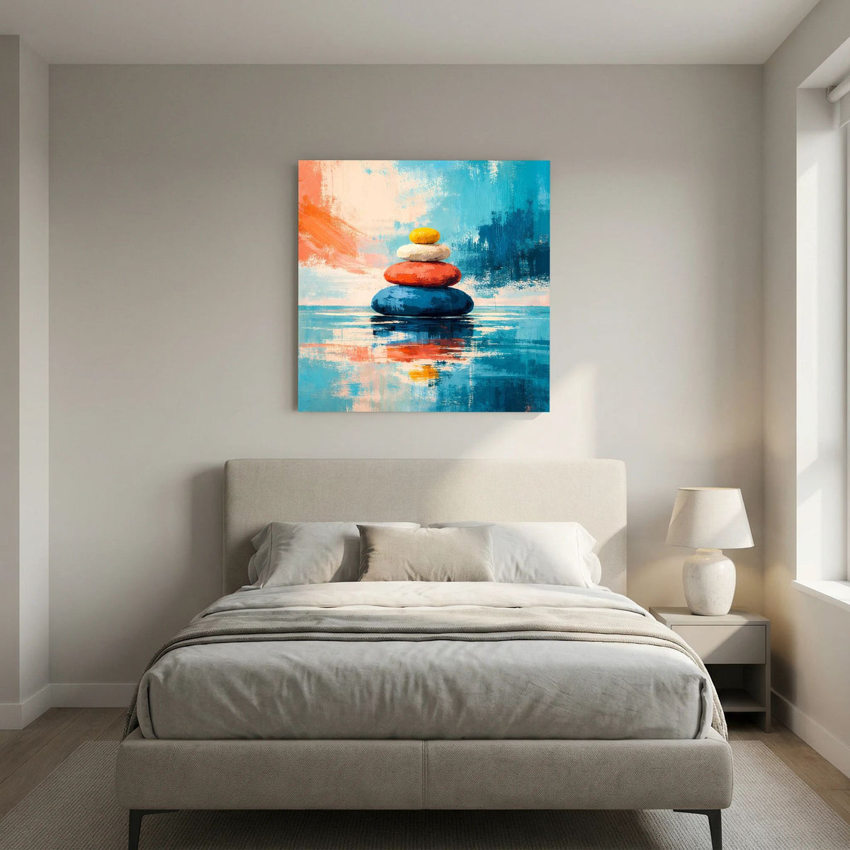Leinwandbild mit Zen-Steinen-Stack, blau und orange, gelbe obere Kugel, Spiegelung im Wasser