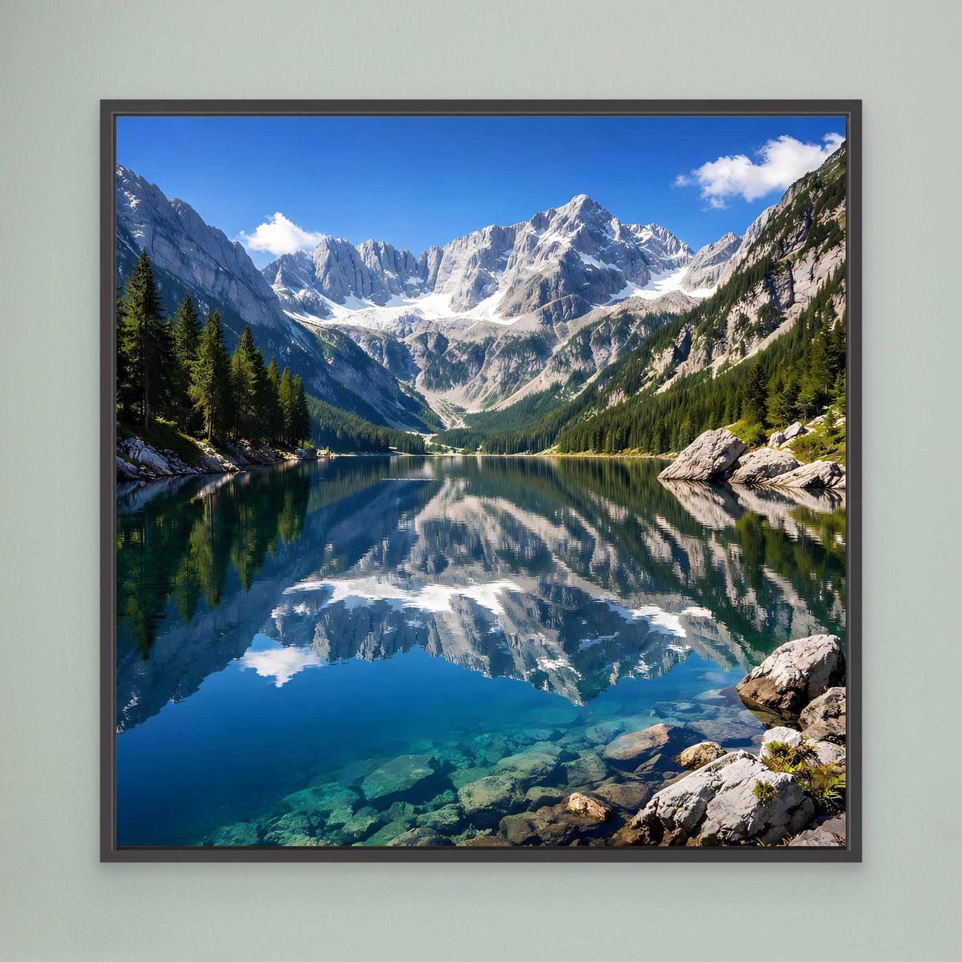 Gerahmtes Leinwandbild mit Bergsee und Alpenpanorama, Spiegelung im kristallblauen Wasser