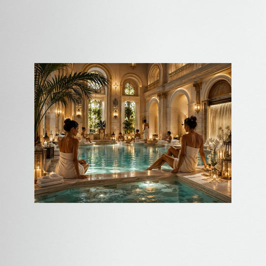 Panorama-Spa-Poster quer: zwei Personen sitzen am Pool in einer eleganten Badehalle
