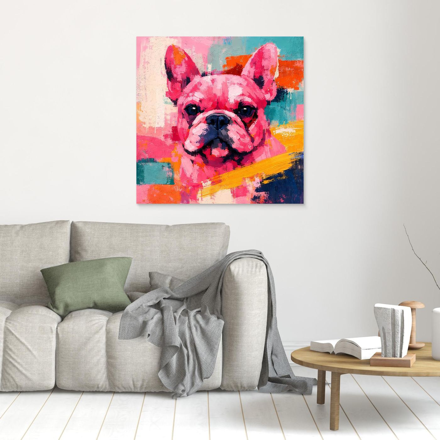 Kleines Leinwandbild mit Pop-Art Französischer Bulldogge, farbiges Portrait, quadratisch