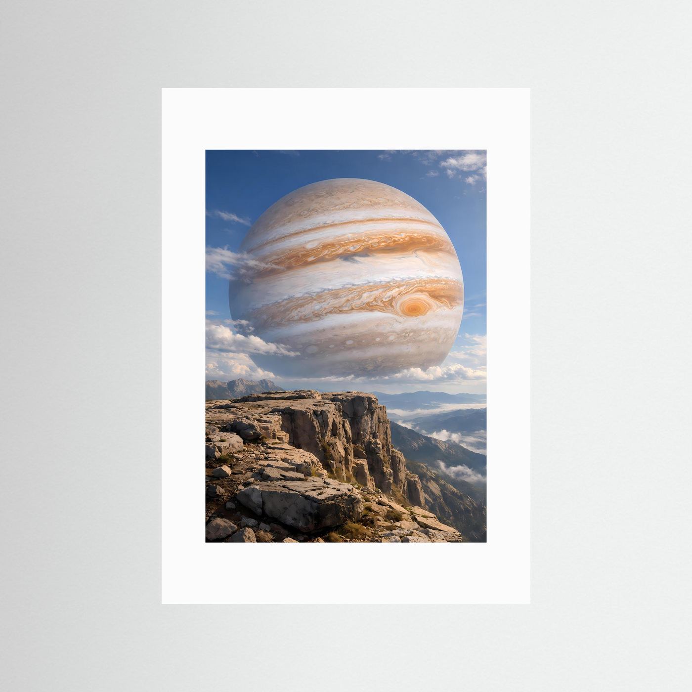 Hochformat-Kunstposter ohne Rahmen, mit weißem Passepartout: Jupiter über Felsenklippe.