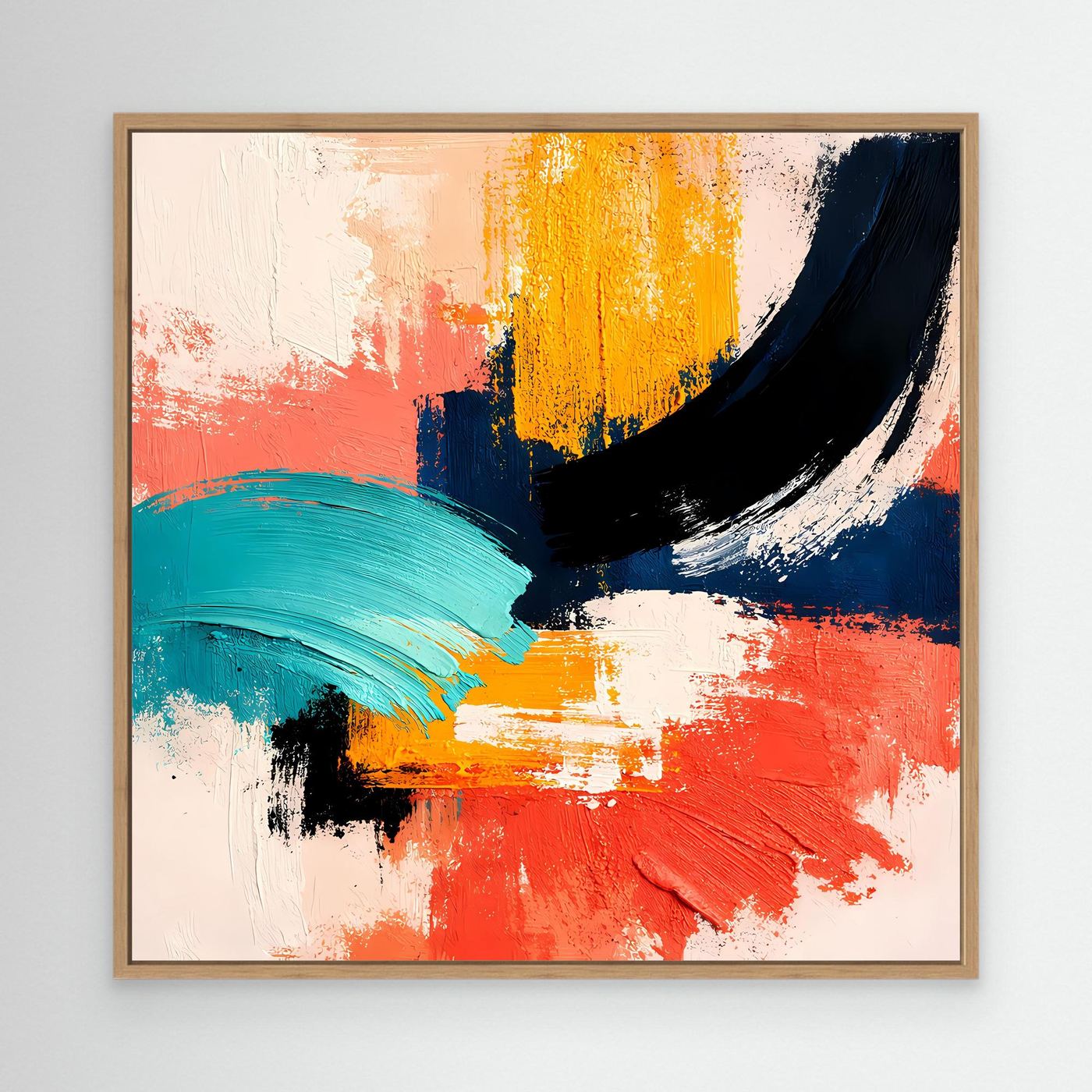 Abstract canvas wall art with oak frame and coral, yellow, teal, navy, black brush strokes.