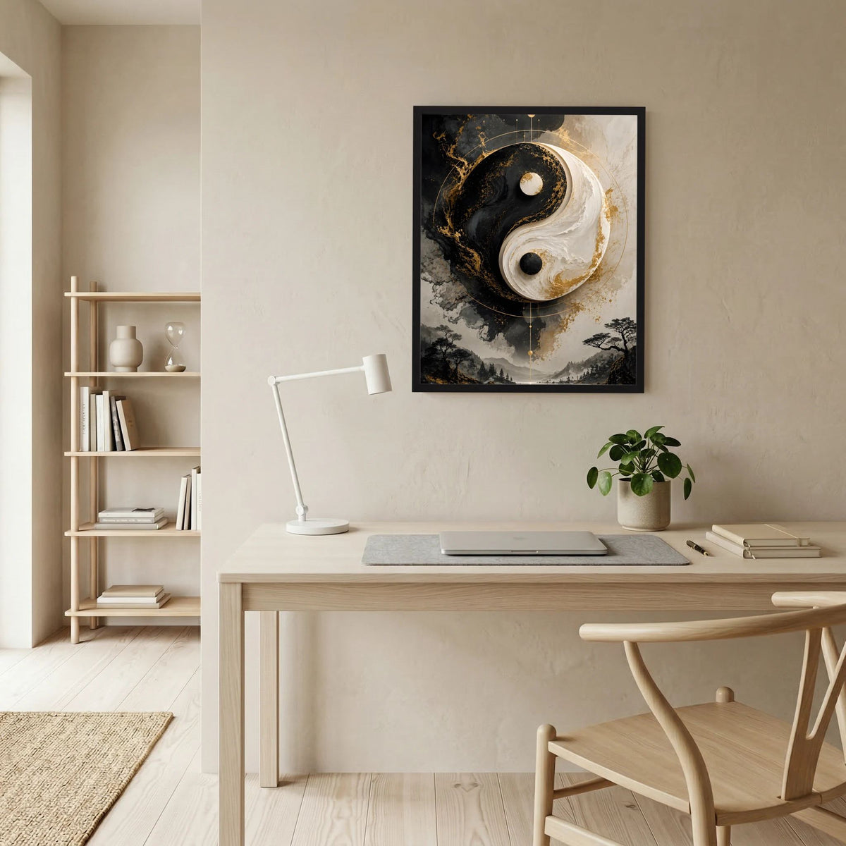 Gerahmtes Yin-Yang-Poster in Schwarz und Gold an der Wand, Berglandschaft-Detail