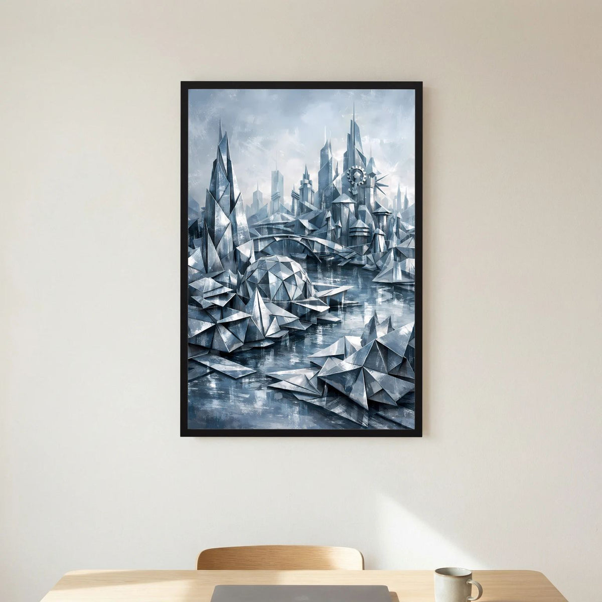 Futuristisches Stadtposter mit silbern-blauen Türmen und Dreiecksformen, schwarzer Rahmen.