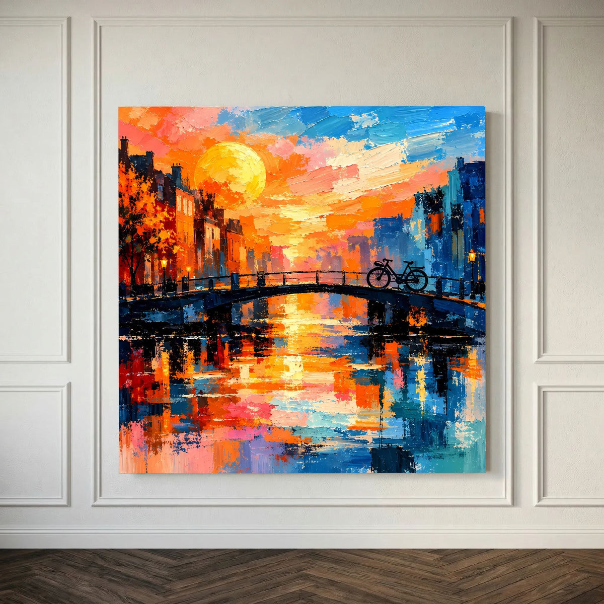 Leinwand Abstraktes Amsterdam Gemälde | Modernes Romantisches Grachten Wandbild mit Fahrrad