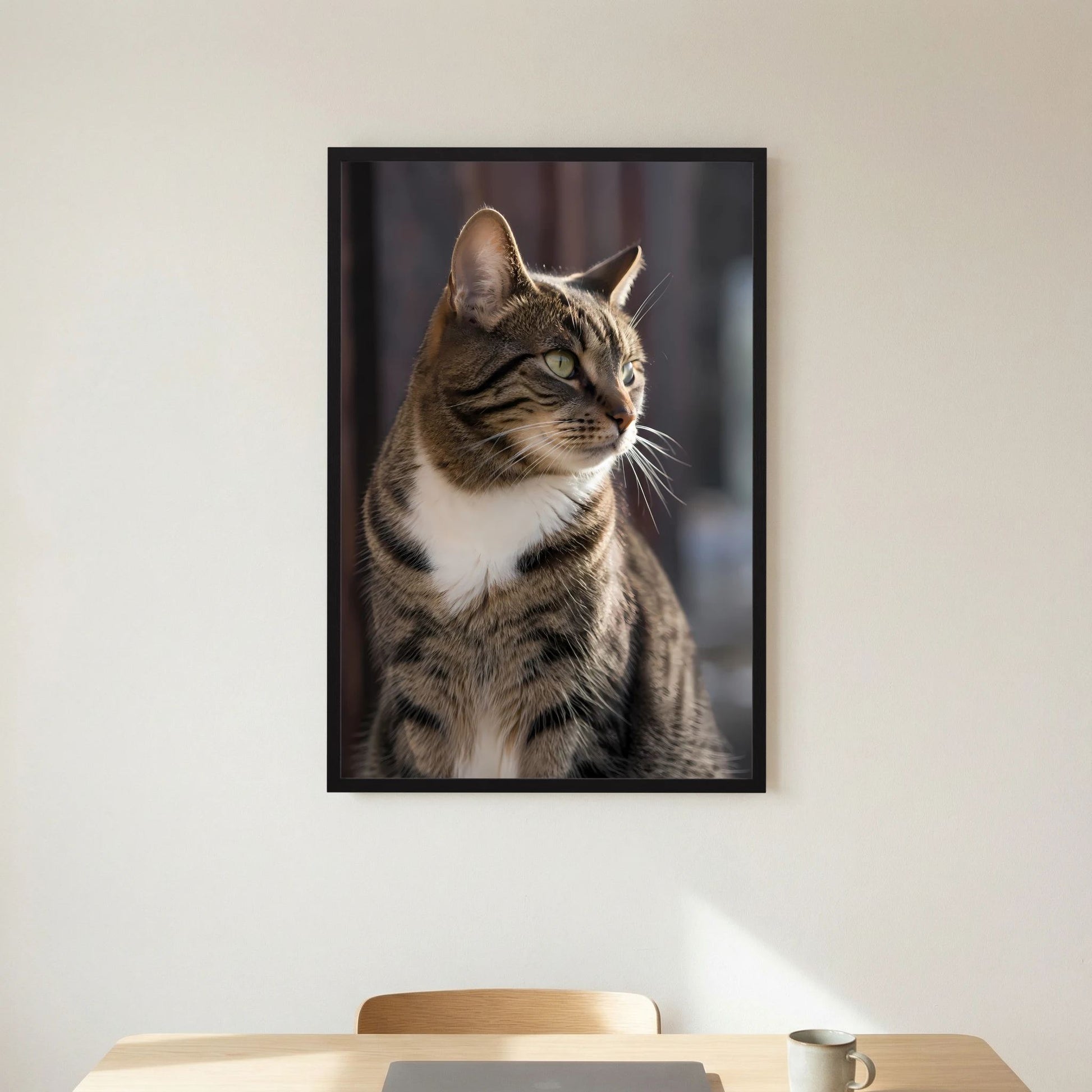 Poster mit getigerter Katze im Hochformat, schwarzer Rahmen und grüne Augen