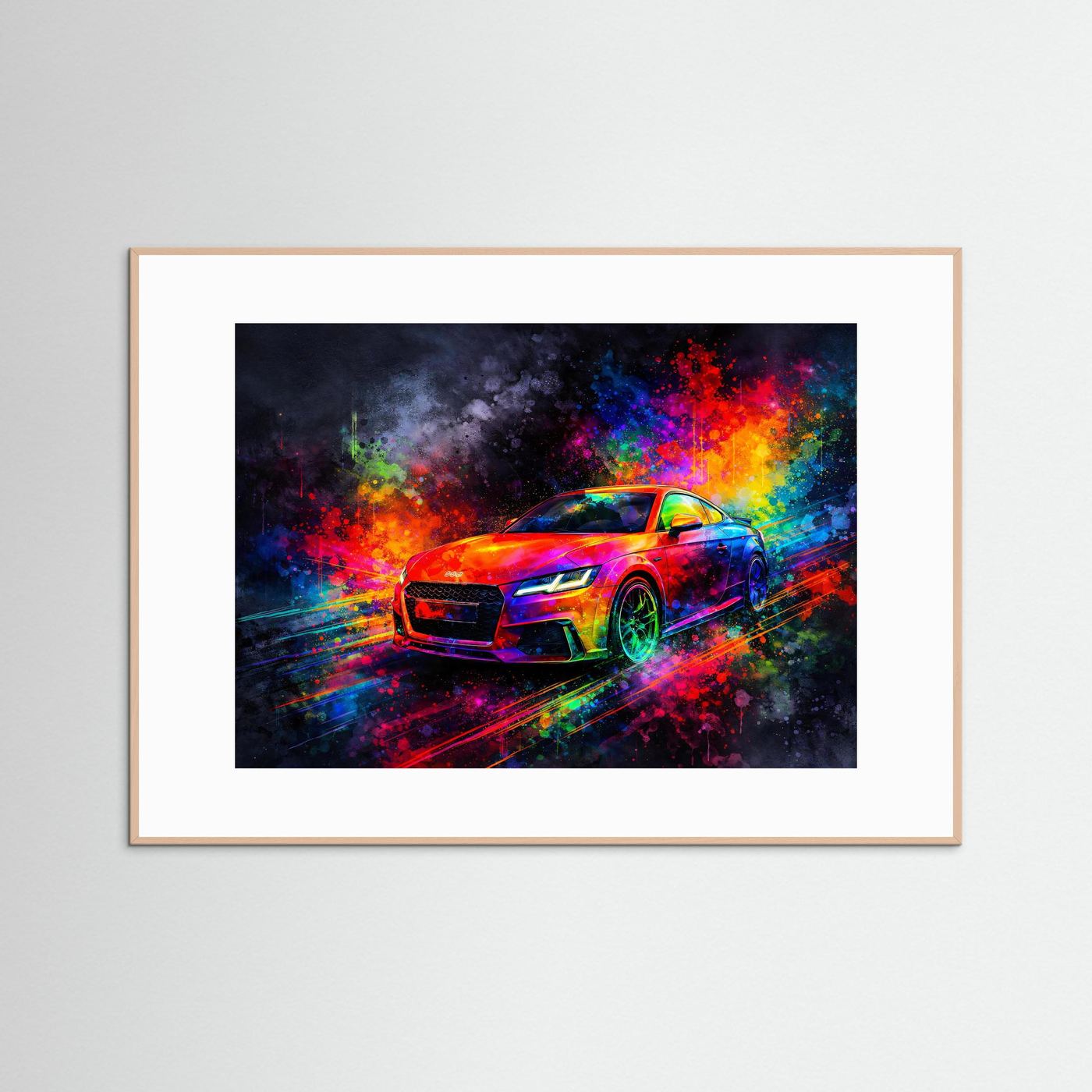 Explosiver Modern Sportwagen | Buntes Neon Auto Wandbild & Kunst Poster Querformat