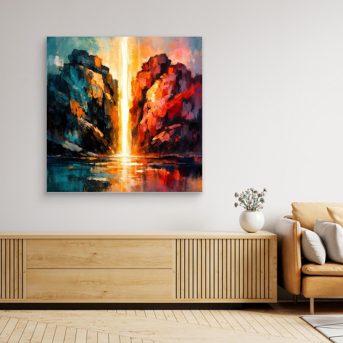 Premium Leinwand Magischer Lichtwasserfall im Canyon | Abstraktes Natur Wandbild farbenfroh